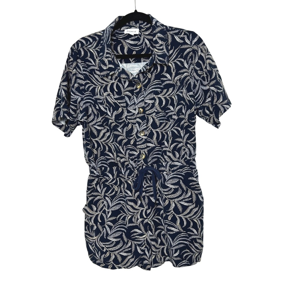 Evereve Romper Womens L‎ Navy Blue White Leaf Print Button Front Coastal Summer